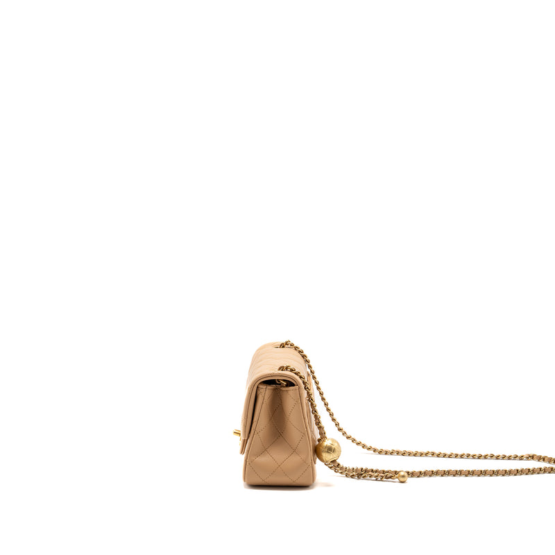 Chanel 23K Pearl Crush Mini Square Flap Bag Lambskin Beige GHW (Microchip)