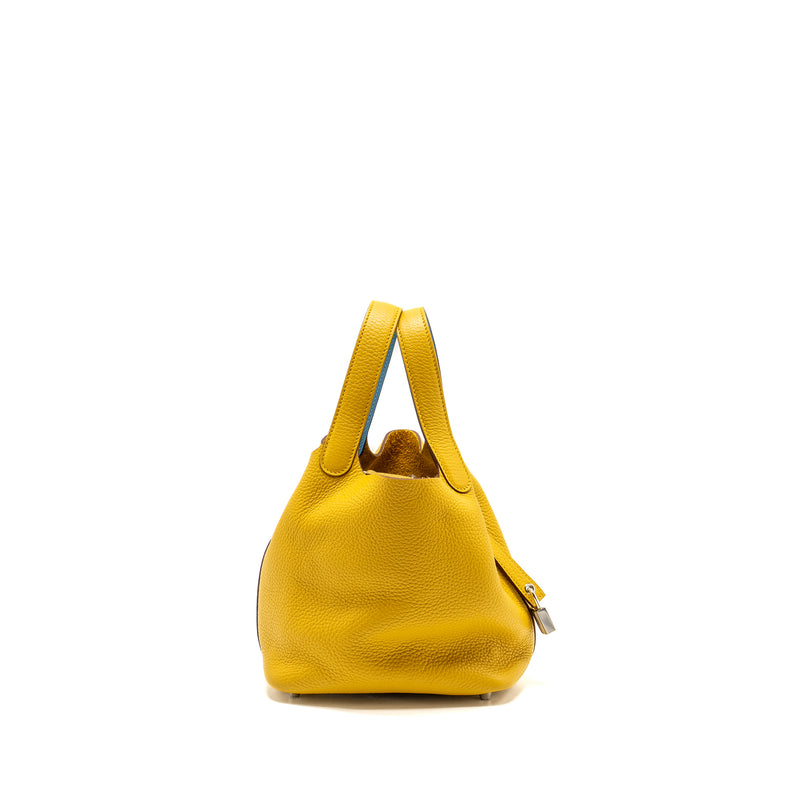 Hermes Picotin 18 Lock Bag Clemence 9D Jaune Amber / P3 Blue Du Nord SHW Stamp C