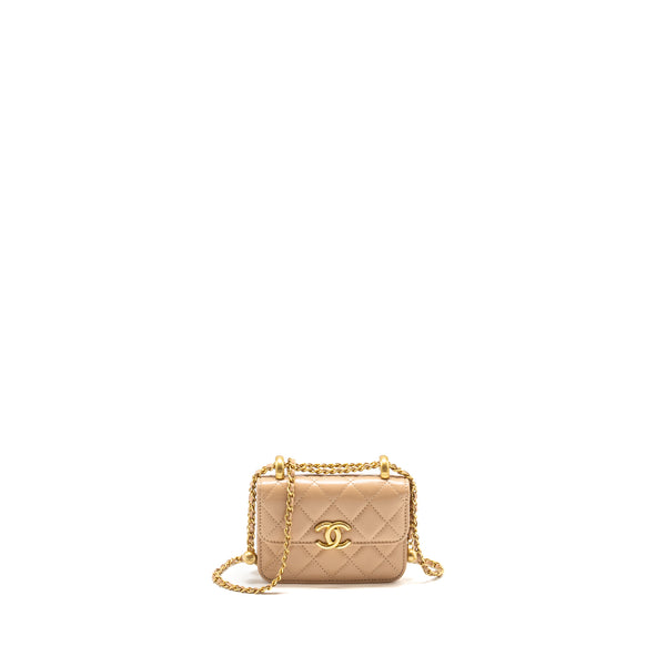 Chanel 21A Gold Crush Mini Flap Clutch with Adjustable Chain Calfskin Beige GHW