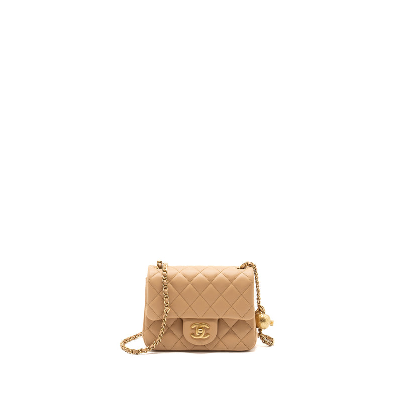 Chanel 23K Pearl Crush Mini Square Flap Bag Lambskin Beige GHW (Microchip)