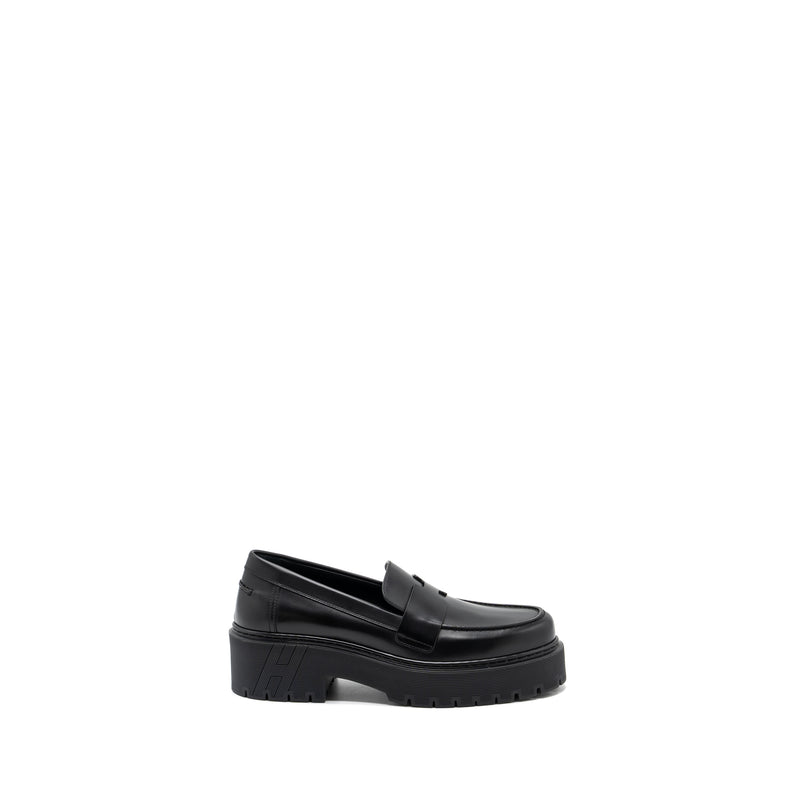 Hermes Size 38 Mocassins Hitch Loafer glacéd calfskin Black