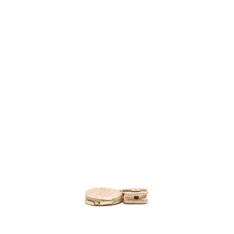 Chanel ROUND Clip on Purse DUO Bag Charm quilted lambskin Metallic Gold LGHW (Mircochip)