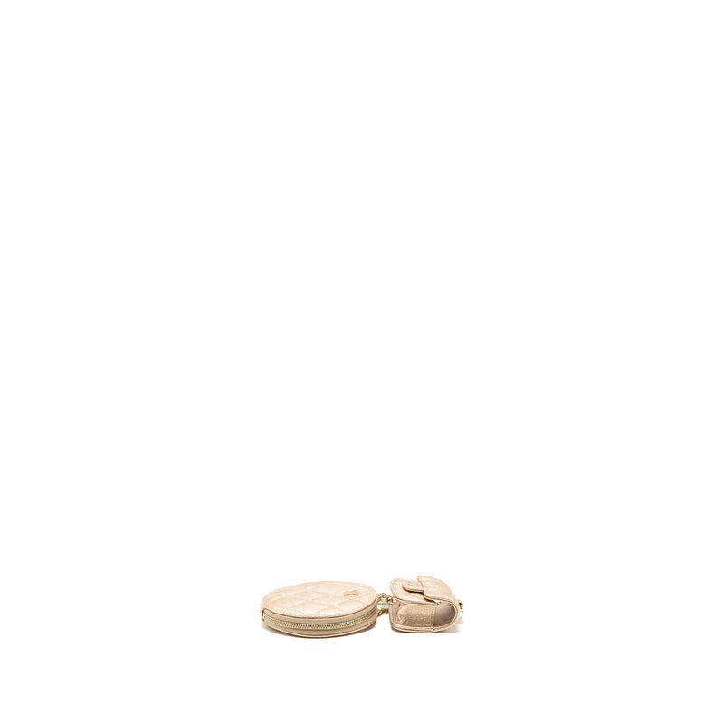 Chanel ROUND Clip on Purse DUO Bag Charm quilted lambskin Metallic Gold LGHW (Mircochip)