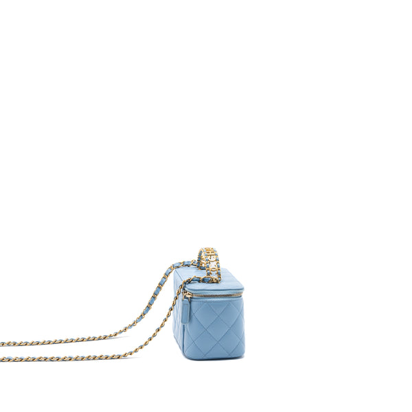 Chanel detailed top handle long vanity with chain caviar light blue GHW