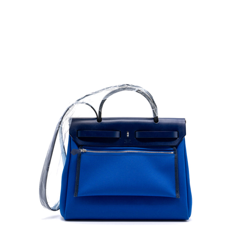 hermes herbag 31 zip bag canvas/ hunter leather blue Billard / blue saphir SHW stamp U