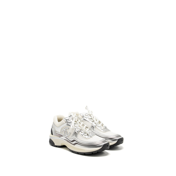 CHANEL Size 36.5 Metallic Trainer/Sneaker Silver/White