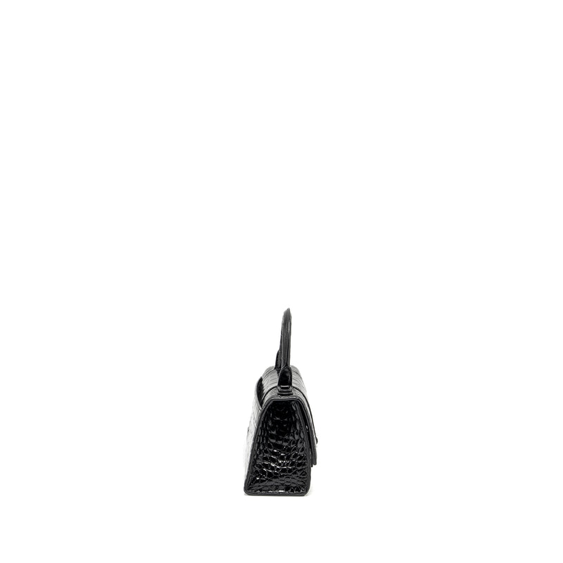 Balenciaga XS Hourglass Croc-embossed Calfskin So Black