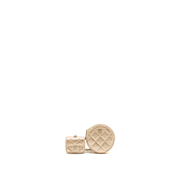 Chanel ROUND Clip on Purse DUO Bag Charm quilted lambskin Metallic Gold LGHW (Mircochip)