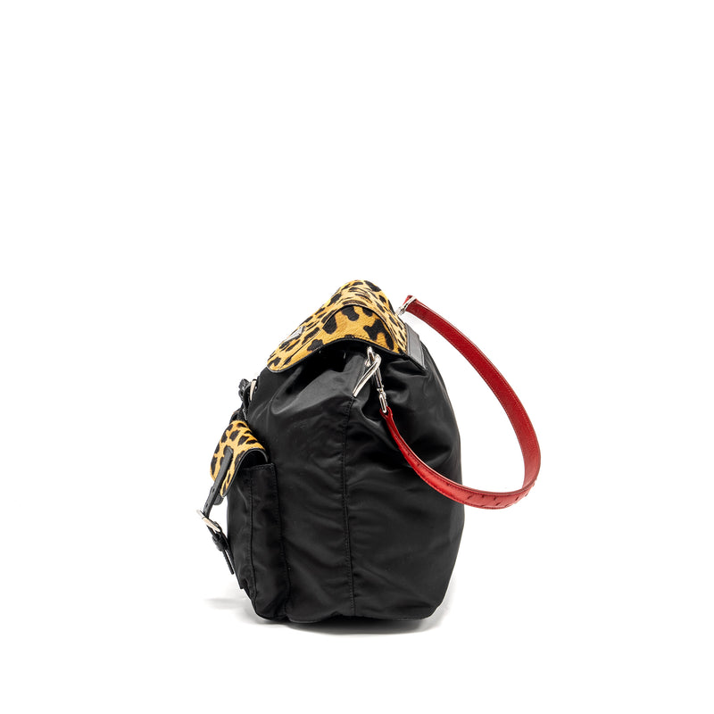 Prada Nylon Shoulder Bag with Ostrich Handle Black / Multicolour SHW