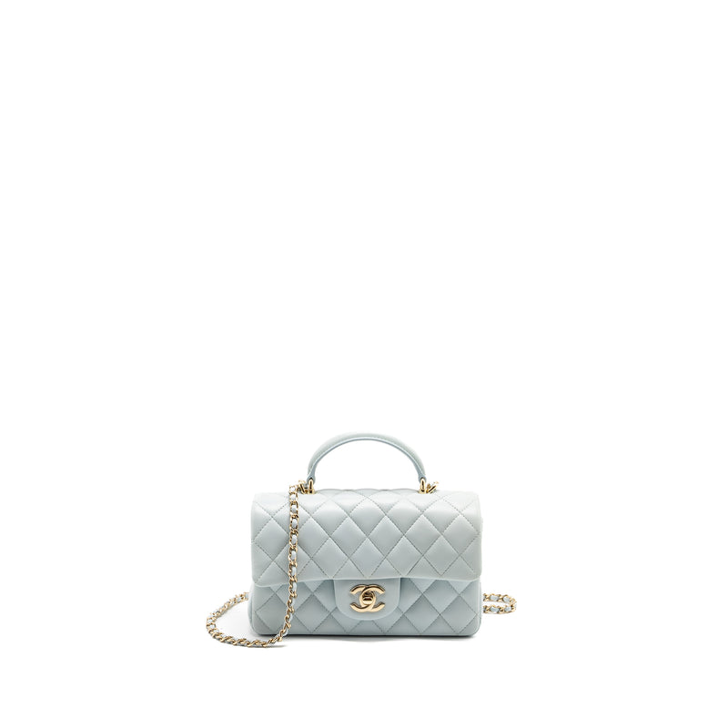 Chanel Top Handle Mini Rectangular Flap Bag Lambskin Light Blue LGHW (microchip)