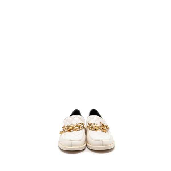 Chanel size 39 Leather chain/pearl cc logo loafer lambskin white GHW