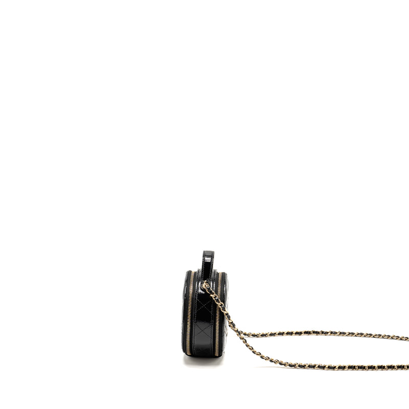 Chanel 22B Top Handle Mini Round Vanity Case With Chain Shiny Lambskin Black LGHW (Microchip)