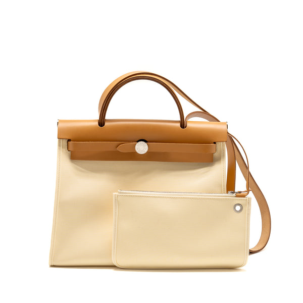 Hermes Herbag 31 Zip Bag Canvas/Hunter Leather Vanille/Naturel-Sable SHW Stamp D