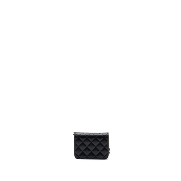 Chanel mini flap card holder with ribbon chain lambskin black LGHW