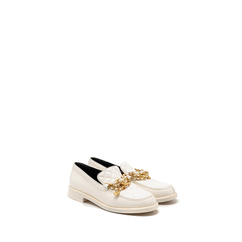Chanel size 39 Leather chain/pearl cc logo loafer lambskin white GHW