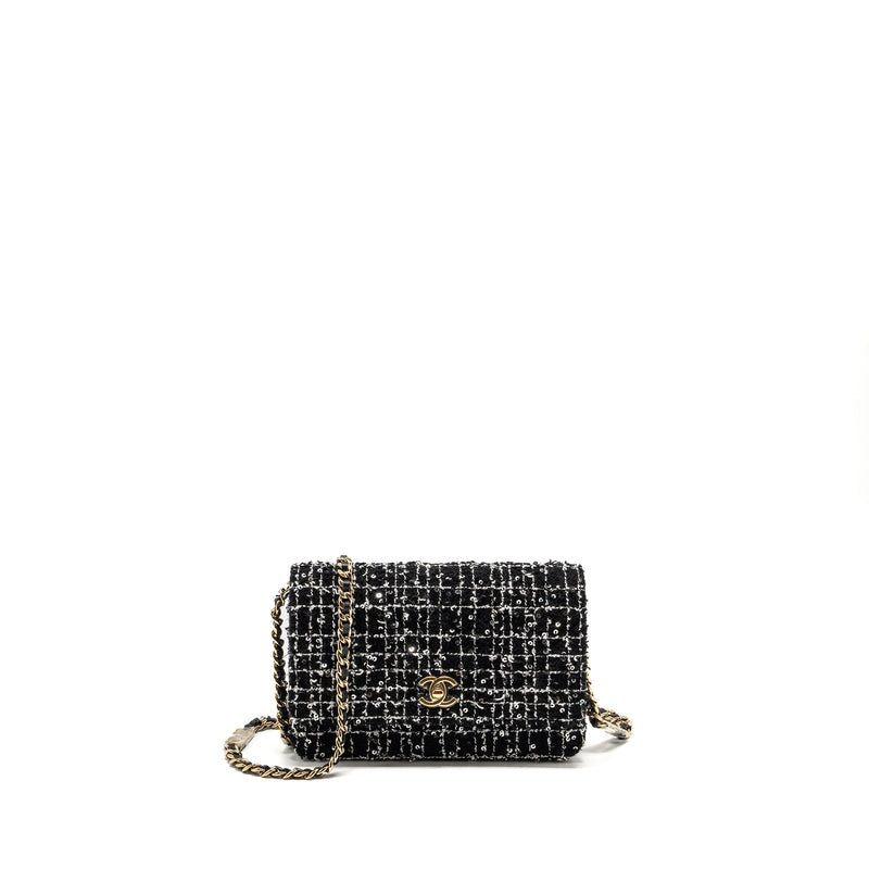 Chanel 24p Detail Chains Wallet On Chain Tweed Sequins Black White LGH