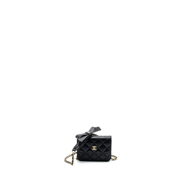 Chanel mini flap card holder with ribbon chain lambskin black LGHW