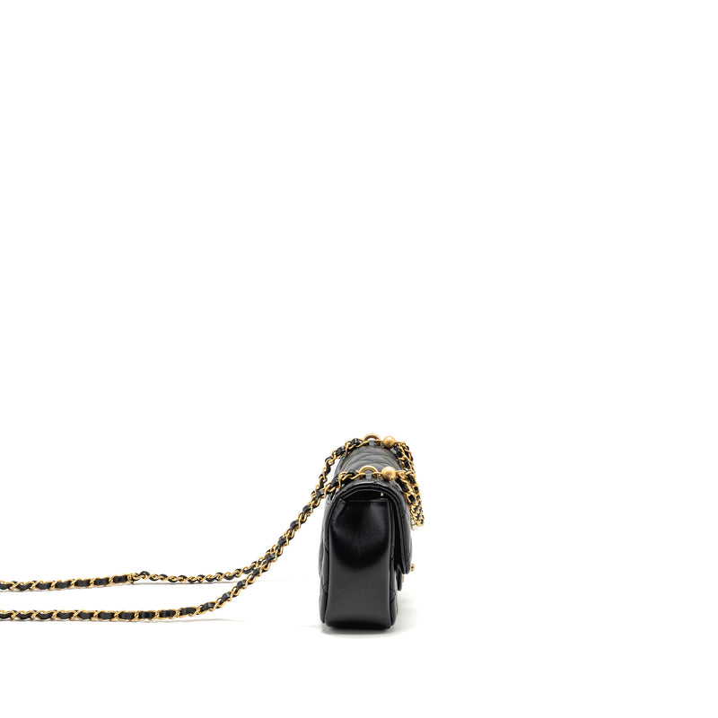 Chanel 24p pearl chain Mini Flap Bag Lambskin Black GHW (Microchip)