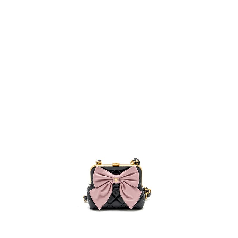 Chanel 24a Bowknot Clutch with Chain Patent Crumpled Lambskin/Shiny Lambskin Black/Pink GHW (Microchip)