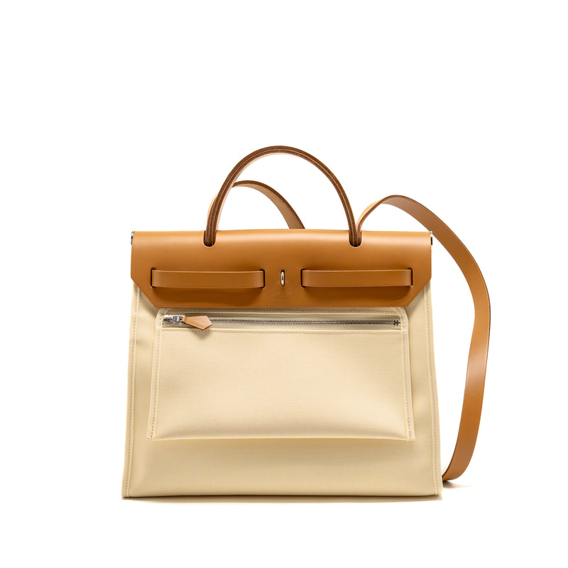 Hermes Herbag 31 Zip Bag Canvas/Hunter Leather Vanille/Naturel-Sable SHW Stamp D