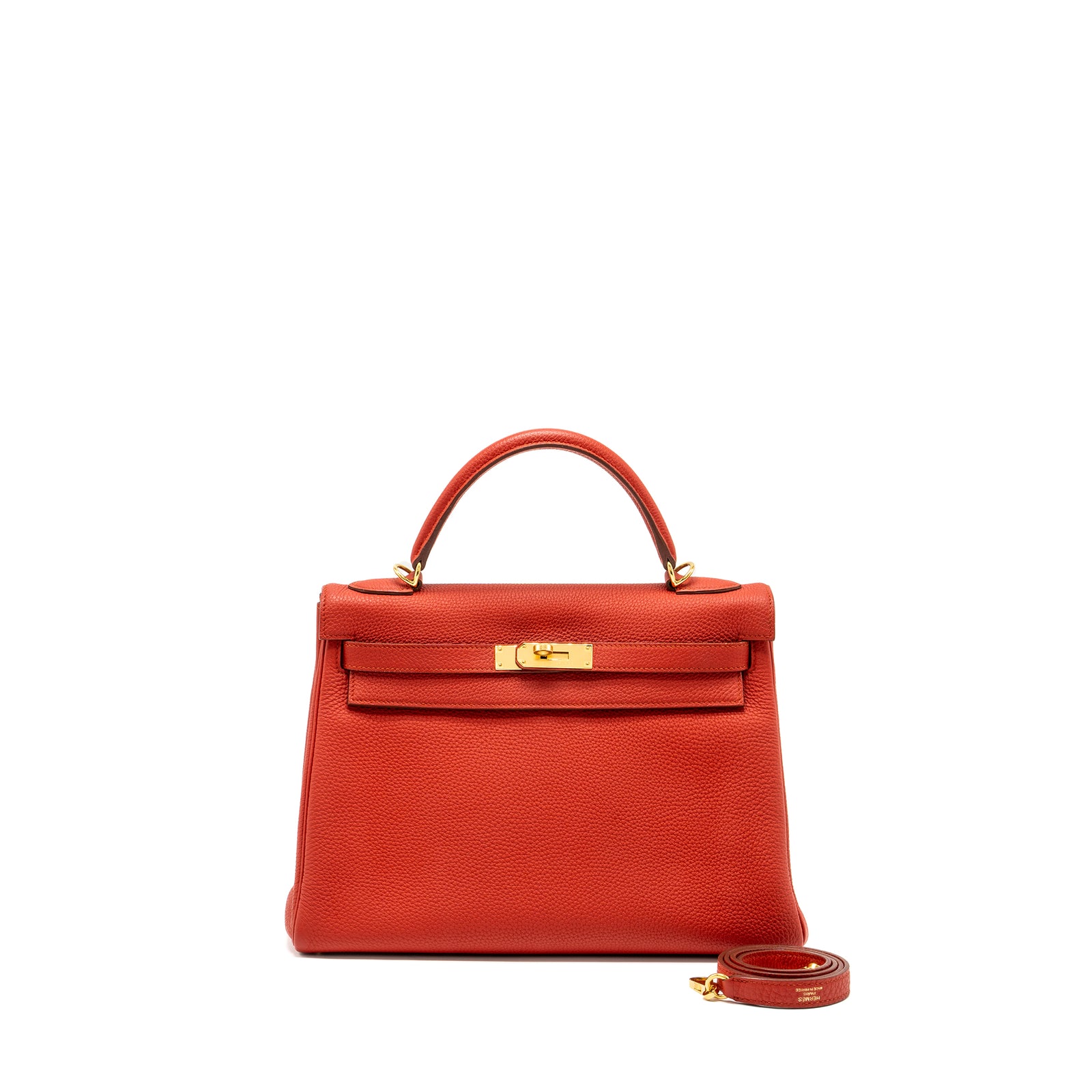 Hermes Kelly 32 Togo 5E Vermillion GHW Stamp Square Q