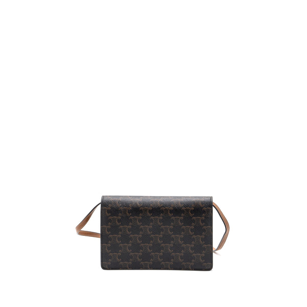 Celine wallet on strap triomphe canvas / smooth lambskin tan with GHW