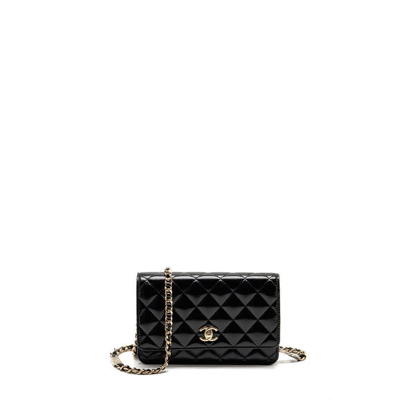 Chanel Wallet on CC Detailed Chain Shiny Lambskin Black GHW (Microchip)