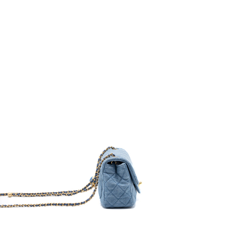 Chanel 22c Denim Pearl Crush Mini Square Flap Bag Denim Light blue GHW (Microchip)