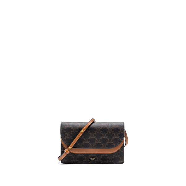Celine wallet on strap triomphe canvas / smooth lambskin tan with GHW