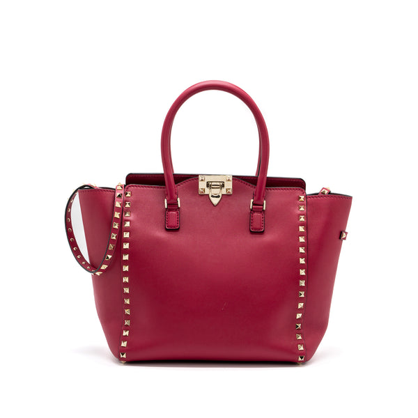 Valentino Red Calfskin Leather Rockstud Double Handle Tote Bag