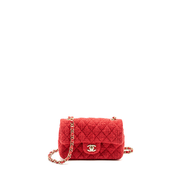 Chanel Mini Rectangular Flap Bag Tweed Red LGHW (Microchip)