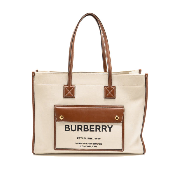 Burberry Medium Freya Tote Canvas/Leather Natural/Tan GHW