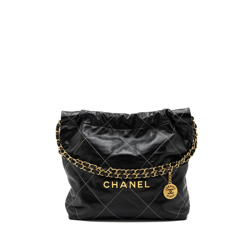 Chanel Small 22 Bag Gold Letter Shiny Calfskin Black Brushed GHW(Microchip)