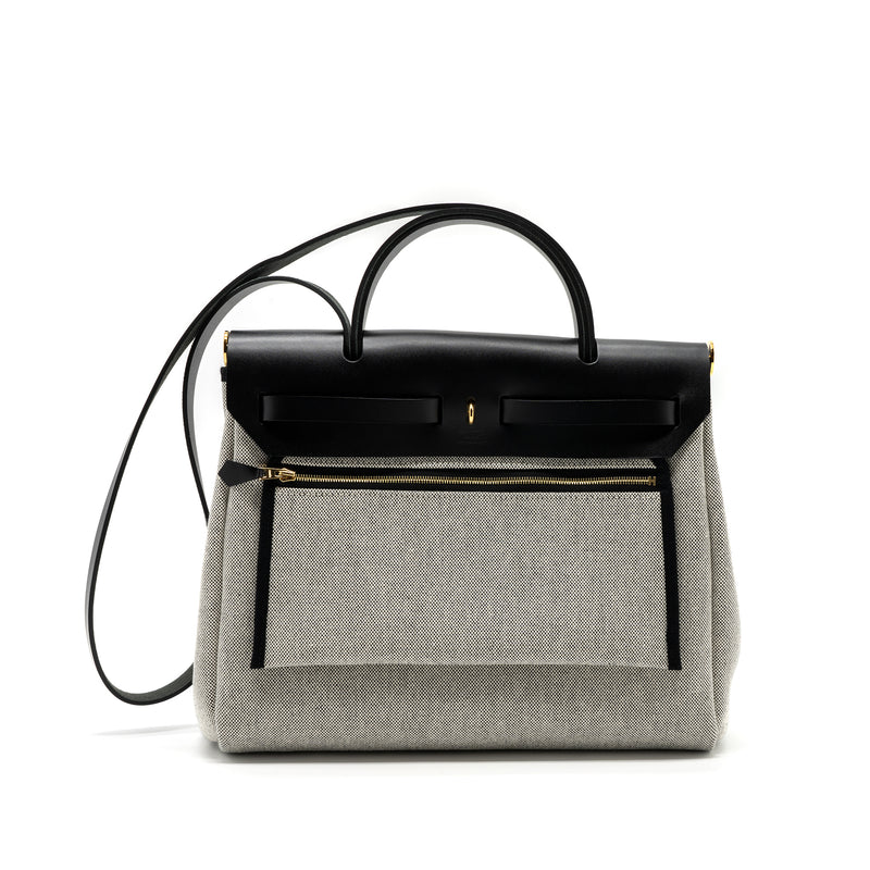 Hermes herbag 31 zip bag toile H plume canvas/ hunter leather black / ecru GHW stamp U