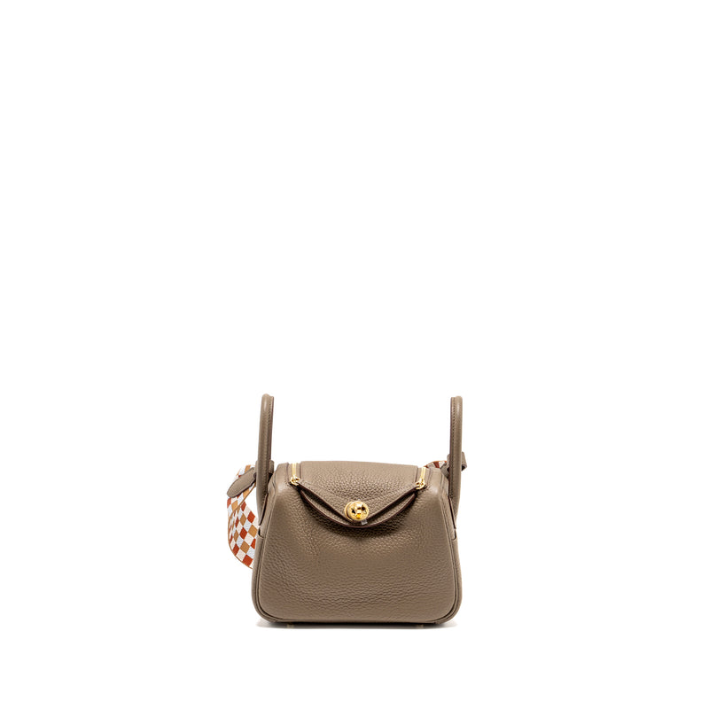 Hermes mini Lindy Clemence Etoupe with Chai-Nata-Blue Brume Strap GHW Stamp W