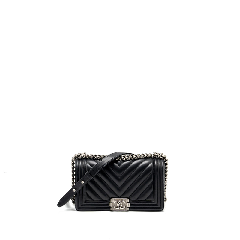Chanel medium chevron boy bag lambskin black ruthenium hardware