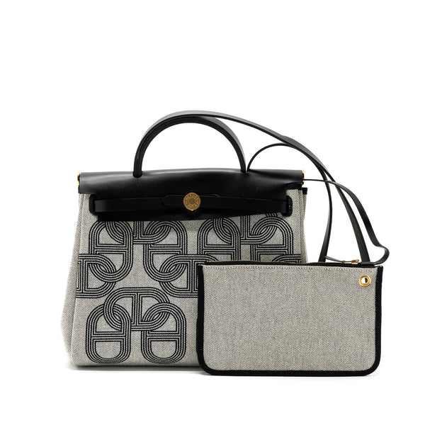 Hermes herbag 31 zip bag toile H plume canvas/ hunter leather black / ecru GHW stamp U