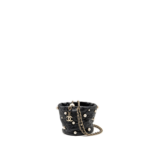 Chanel About Pearls Quilted Drawstring Bucket Bag Lambskin Black LGHW