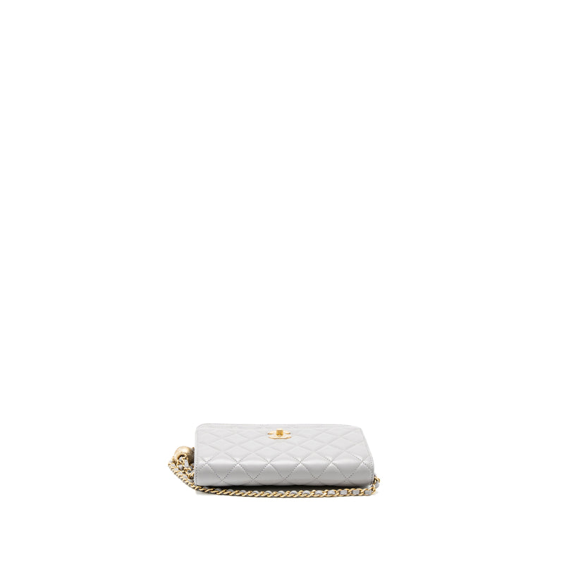Chanel Pearl Crush Wallet on Chain Lambskin Light Grey Brushed GHW (Microchip)