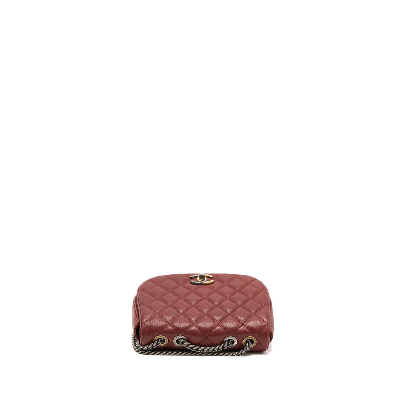 Chanel Round Crossbody Messenger Bag Caviar Red Brushed Gold/Ruthenium Silver Hardware