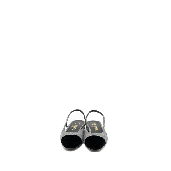 Chanel Size 37 Sling Back Flat Shoes Felt/Velvet Grey/Black