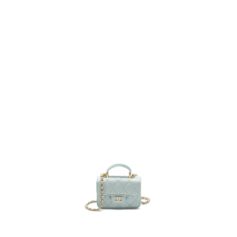 Chanel Top Handle Mini Flap Clutch with Chain Lambskin Light Blue LGHW