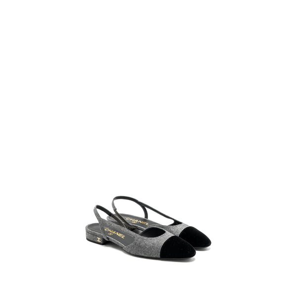 Chanel Size 37 Sling Back Flat Shoes Felt/Velvet Grey/Black