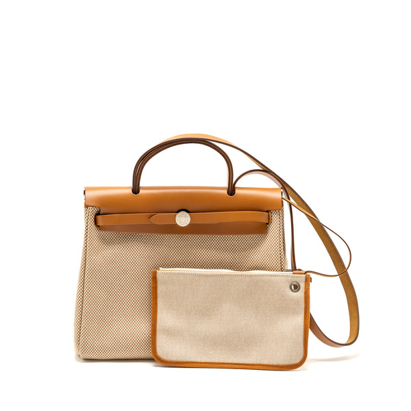 Hermes Herbag 31 zip bag canvas / hunter ecru beige / natural sable SHW stamp Y