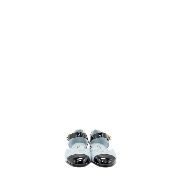 Chanel 21k Size 38 Ballerinas Flat Shoes Tweed/Patent Calfskin Light Blue/ Black GHW