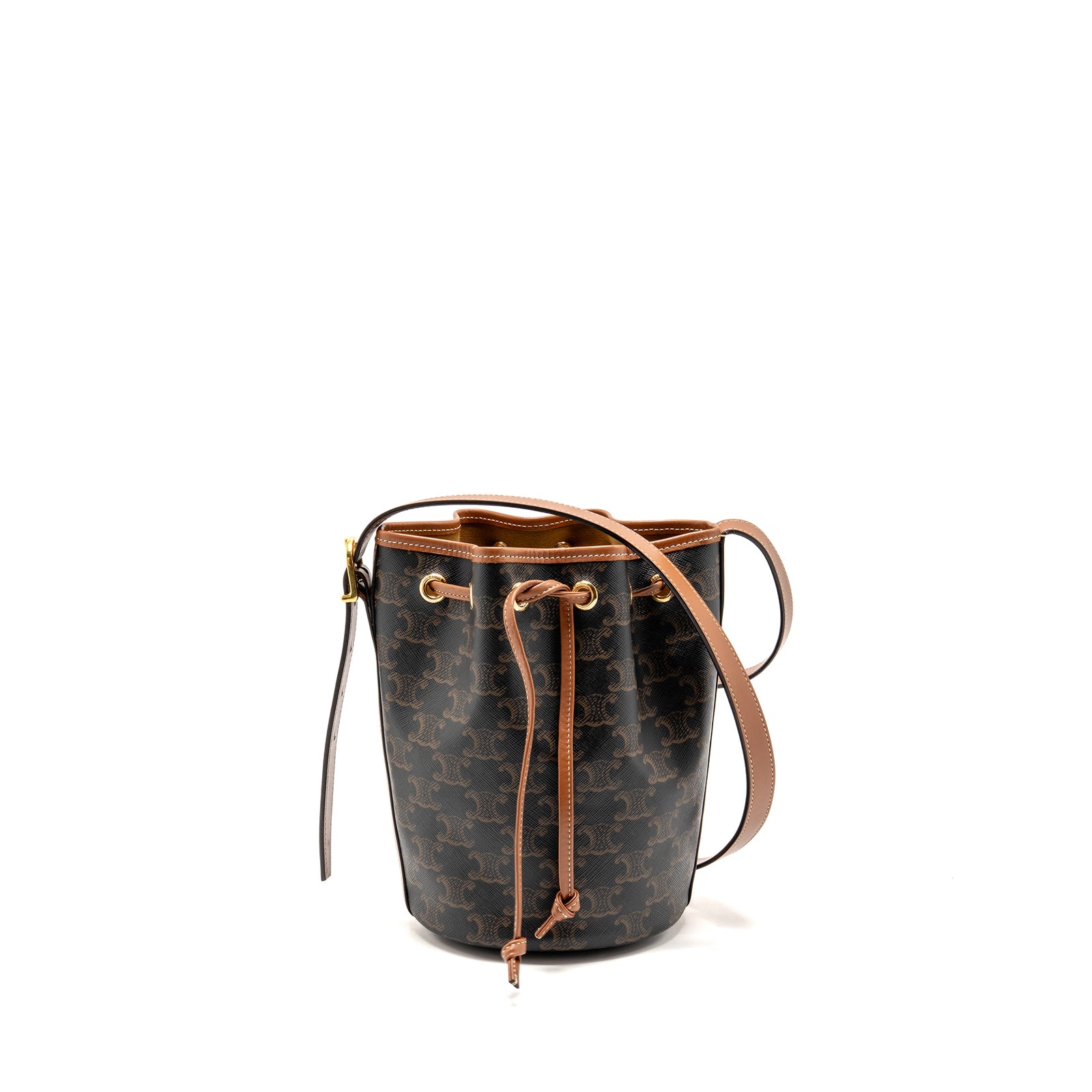 ★関税込★CELINE★Small Drawstring Bag in Triomphe Canvas★ Celine Small Drawstring Bag Triomphe Canvas / Calfskin Tan GHW