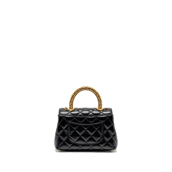 Chanel Detailed Metal Top Handle Mini Coco Handle Flap Bag Shiny Calfskin Black GHW (Microchip)