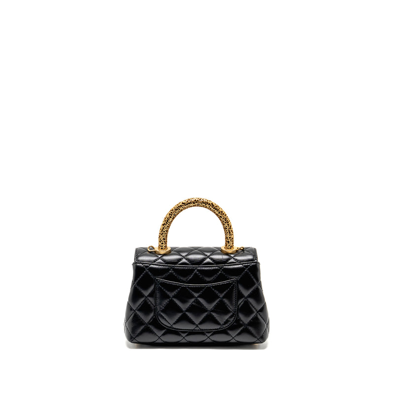Chanel Detailed Metal Top Handle Mini Coco Handle Flap Bag Shiny Calfskin Black GHW (Microchip)
