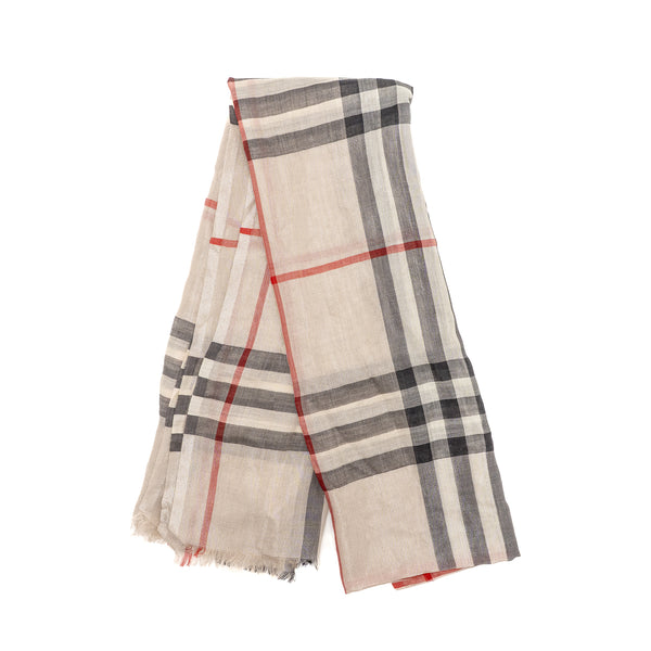 Burberry Metallic Gauze Giant Check Scarf Wool/Silk Stone/Silver