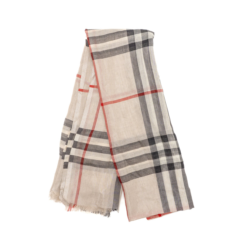 Burberry Metallic Gauze Giant Check Scarf Wool/Silk Stone/Silver